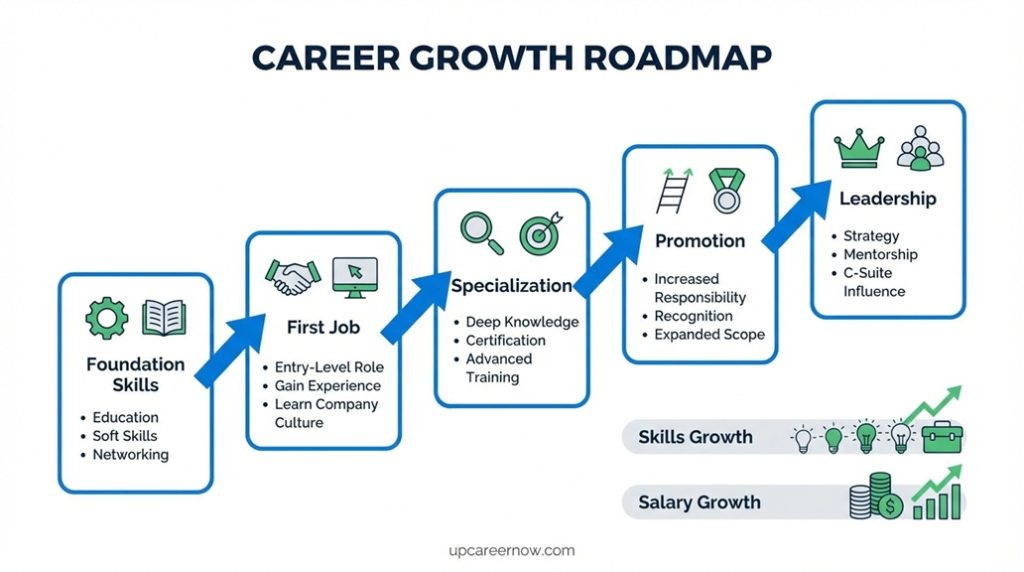 Career growth roadmap showing skill development, career path stages, and salary growth over time