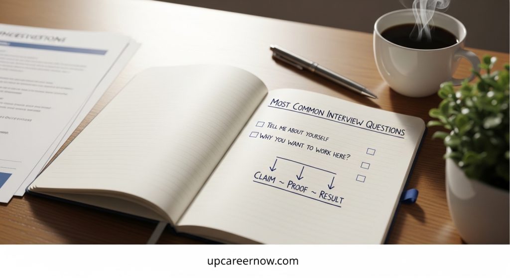 most common interview questions with answer frameworks checklist on a notebook