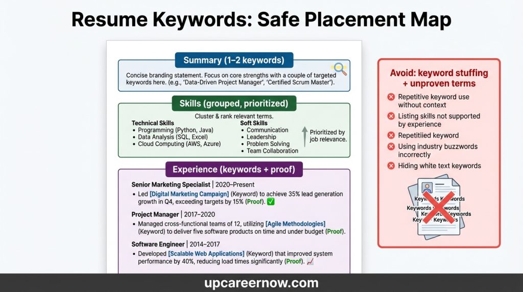 resume keywords chart showing safe keyword count and placement in summary, skills, and experience