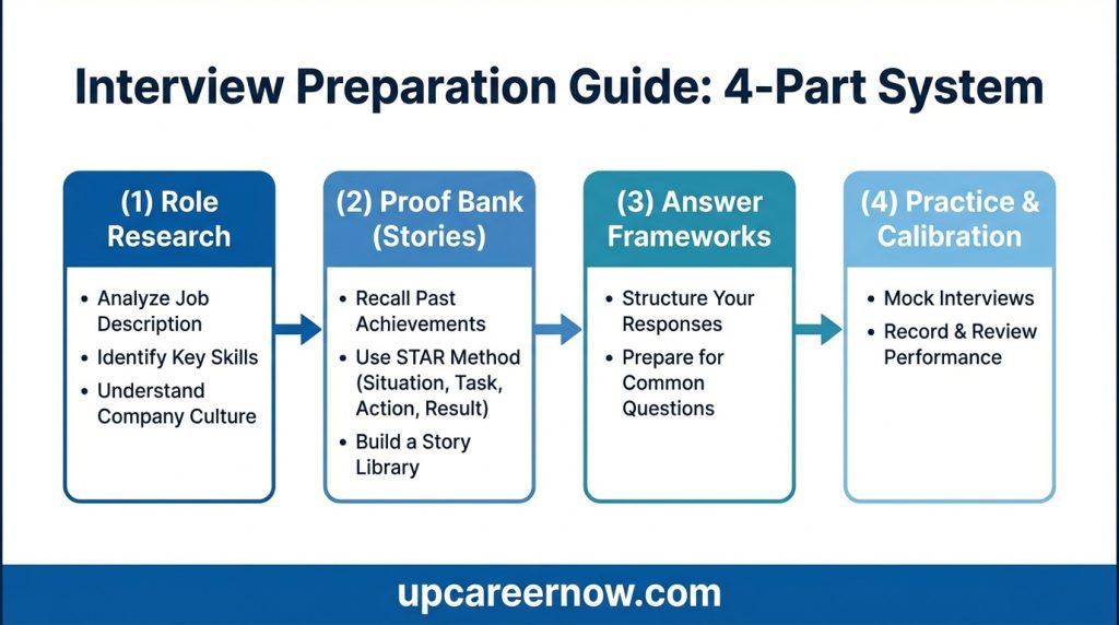 interview preparation guide chart showing research, proof bank, answer frameworks, and practice routine